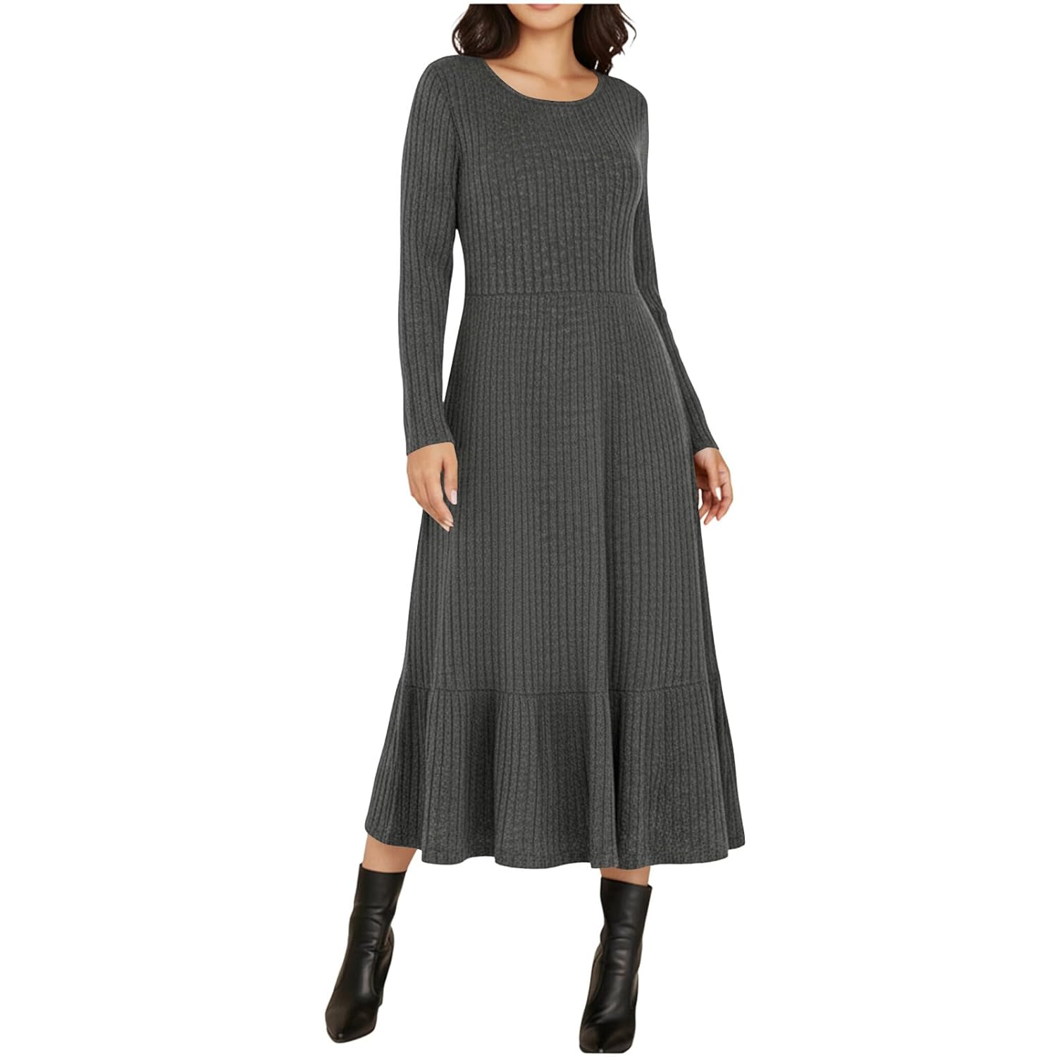 Women Long Sleeve Midi Dresses Ribbed Knit Round Neck Casual Swing Sweater Dress Fall Winter Ruffled Fashion Outfit