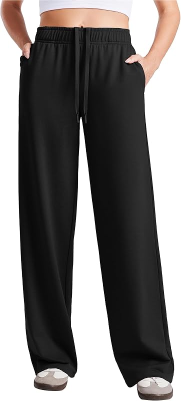 PINSPARK Women's Wide Leg Sweatpants High Waisted Baggy Lounge Travel Pants | 27''/29''/31", Interior Drawstring , Side Pockets, Light Midweight for Casual and Low-Impact Exercise Routine