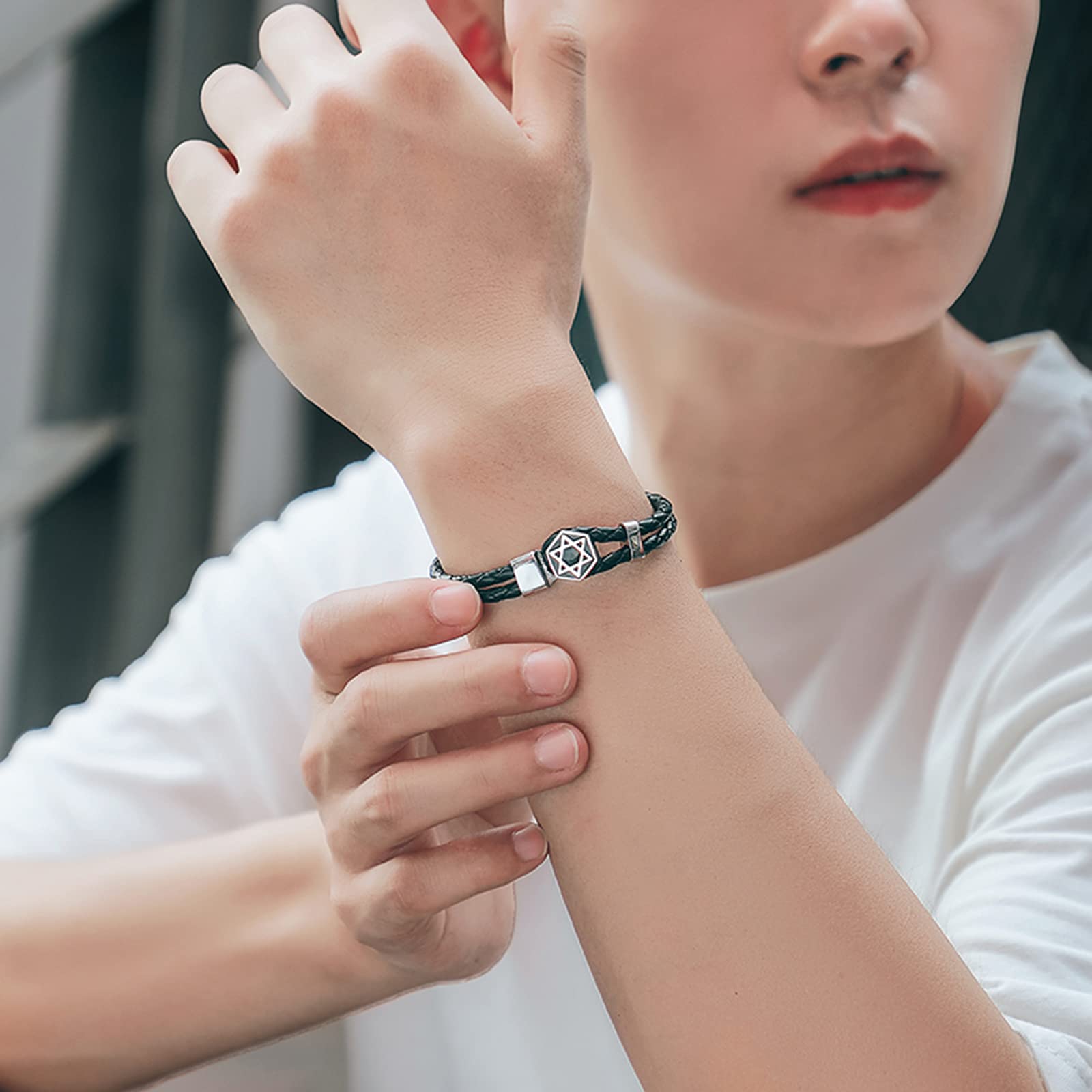 Pulsera trenzada de cuero de la PU de las PU de los hombres de los hombres - Pulsera de estrella de esterlina de 925 de la plata esterlina a mano, pulsera de cierre de estrella de seis puntas, longitu