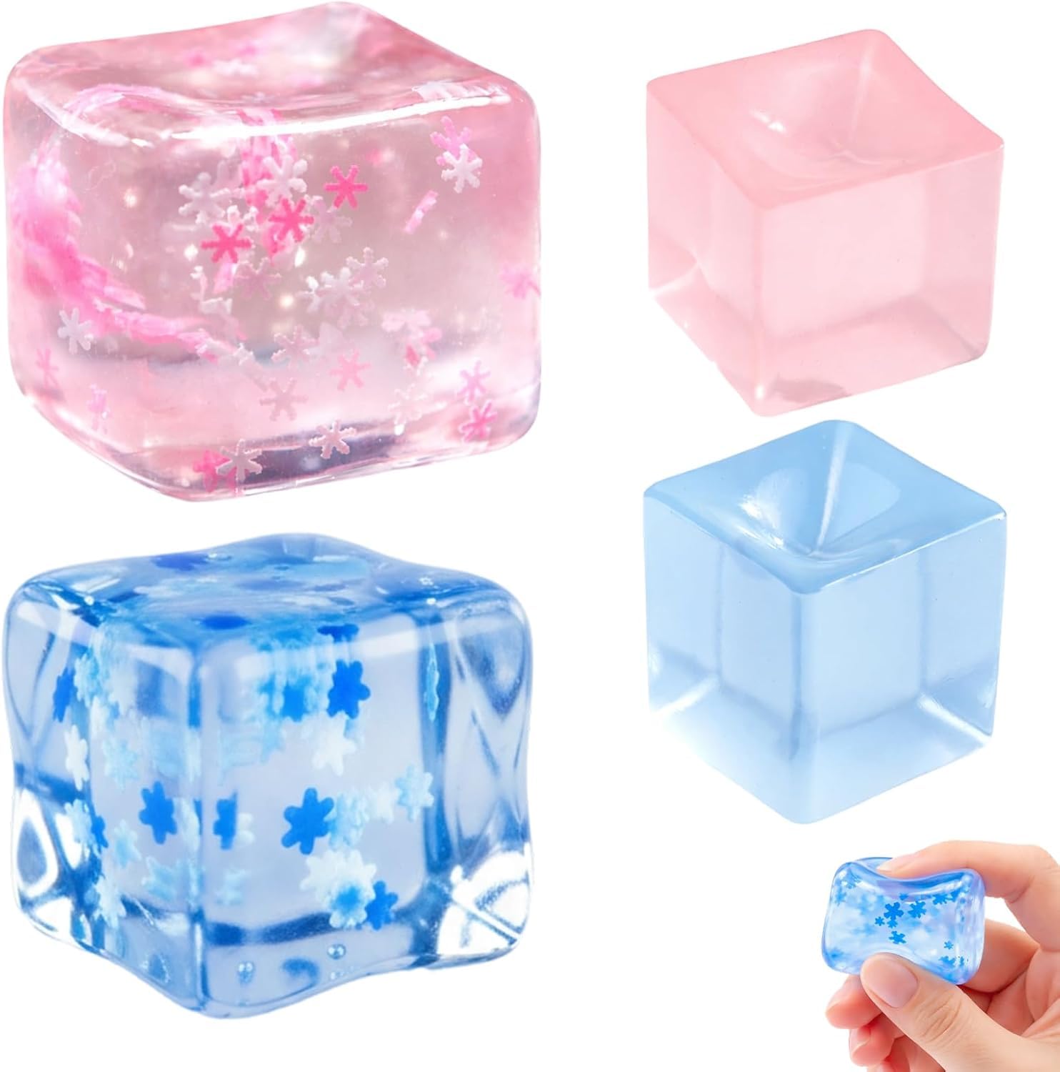 4PCS Ice Cube Stress Ball, Fidget Toys for Stress, Squishy Toy for Anxiety Management, Squishy Set with Snowflake Blue, Snowflake Pink, Sky Blue, Peach Pink Ice Cube Shapes-image-33