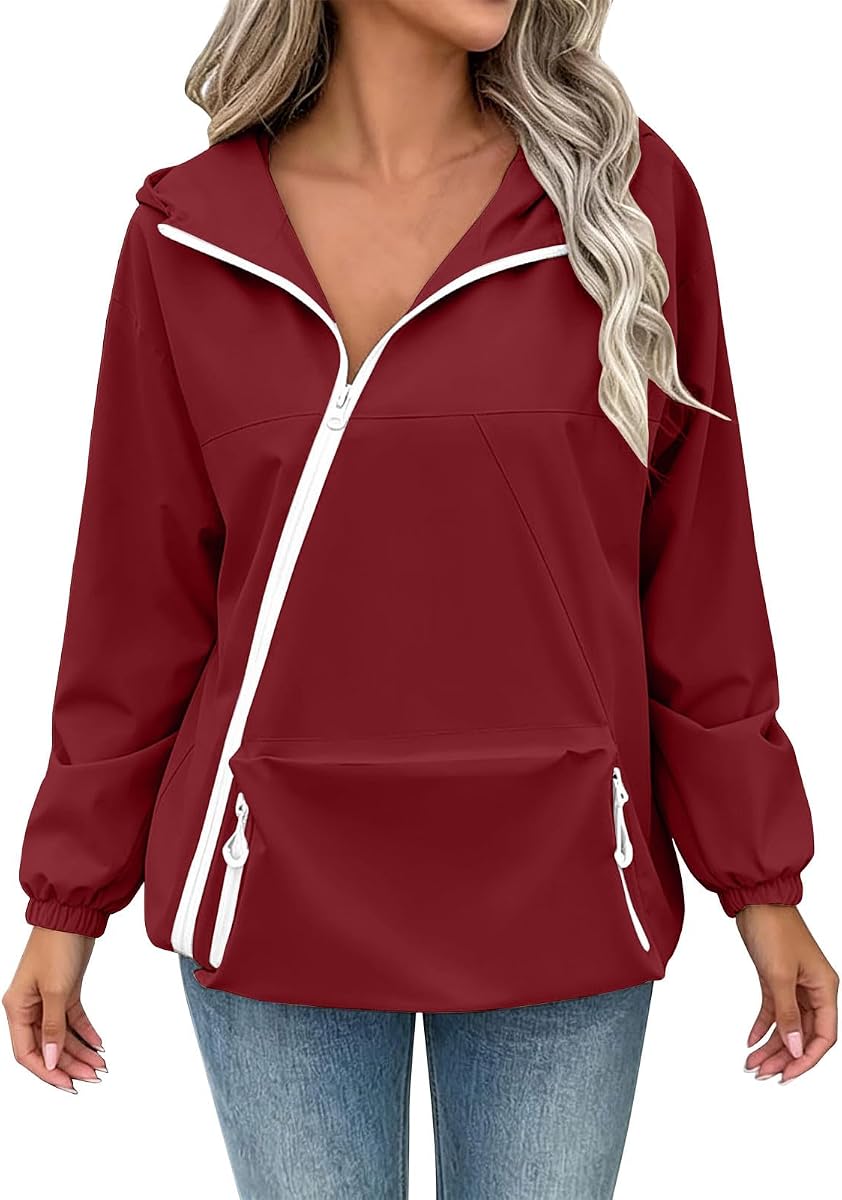 maisdgop Womens Rain Jacket with Hood Unique Diagonal Zipper Windbreaker