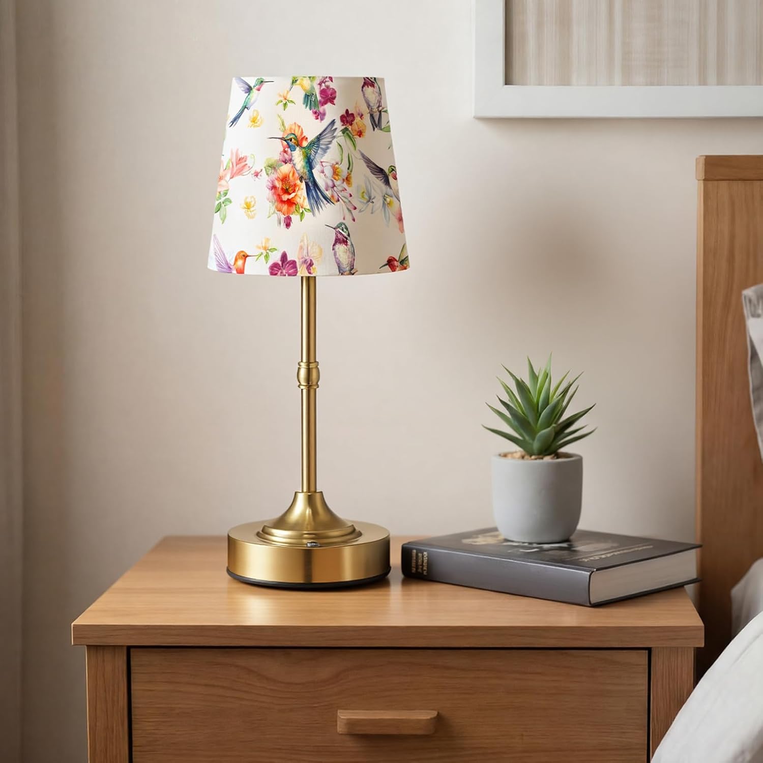 Huquary Cordless Table Lamp for Bedroom Bedside Bird Floral Linen Lampshade with Rechargeable Table Lamp Hummingbird Flower Desk Light for Farmhouse Boho Vintage Nightstand Living Room Home Decor