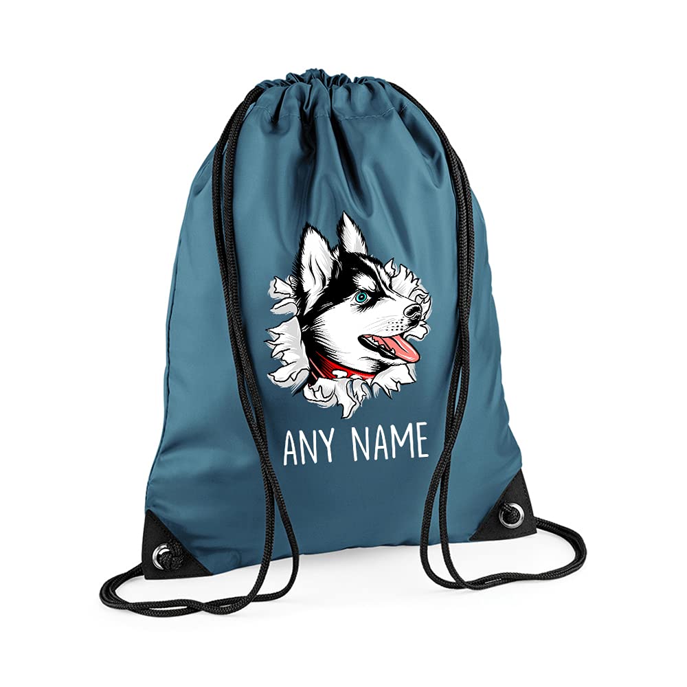 Personalised Border Collie Dog Miniature with ANY NAME, Gift for Pet/Dog Owner, Friends, Family, Birthday Present, Drawstring Bag, PE Gym Kit, Swimming Rucksack. (Airforce Blue)