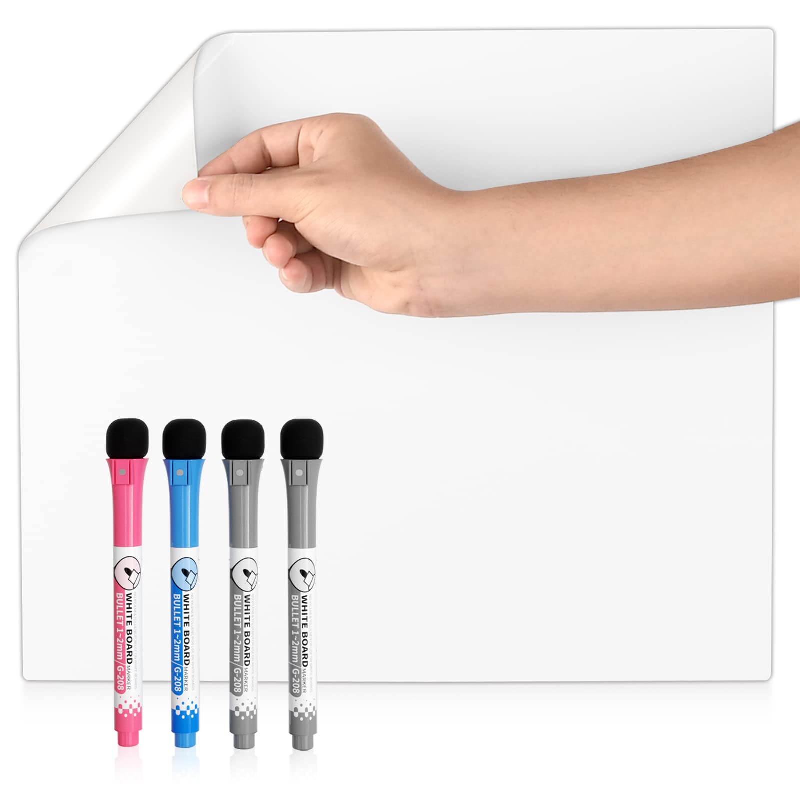 Whiteboard Sheet Self-Adhesive Stick on Fridge Metal Glass Wood Smooth Surface, Removable & Easy to Clean, Re-stickable Dry Erase White Board for Office Memo Notice Daily Weekly Family Planner 4 Pens