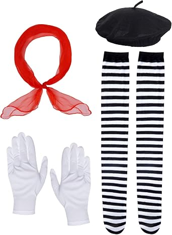 4Pack Women Mime Artist Costume Accessories Girl French Mime Costume Halloween Mime Outfit with Beret Gloves Scarf Socks for Halloween Mime Dress Up Costume White