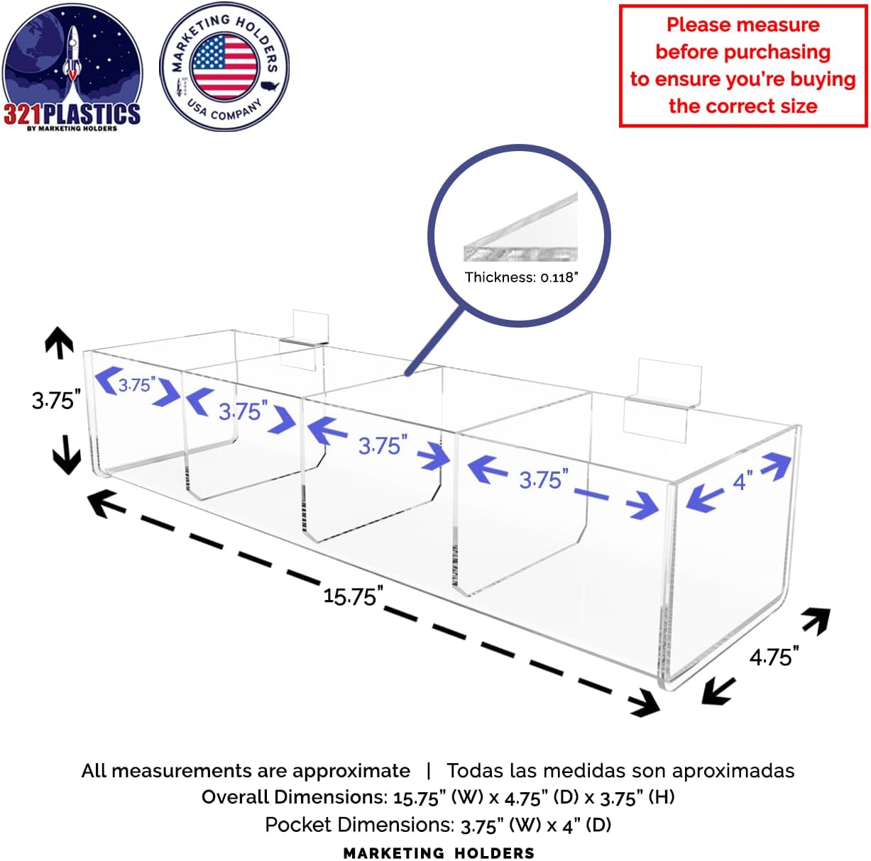 6 Pack Slatwall Acrylic Retail Tray Four Compartment 15.75" Wide x 4.75" Deep Dump Bin Clear Product Merchandise Display Storage Caddy for Businesses by Marketing Holders