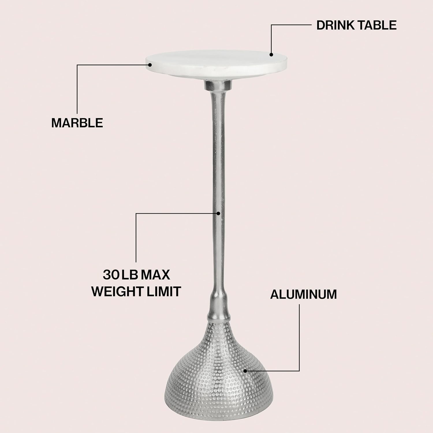 JONATHAN Y Ava 23.75" Contemporary Metal Accent Marble Top Drink Table with Hammered Nickel Pedestal, Tall Round Martini Side Table for Small Spaces, Cocktail Stand for Living Room END4001B