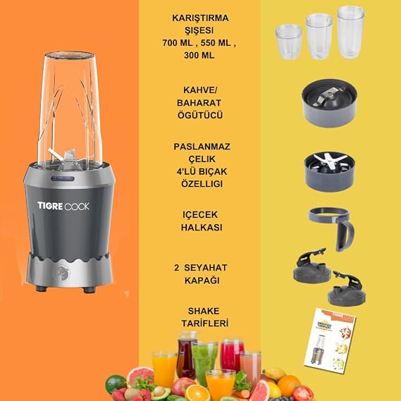 TIGRECOOK NUTRISHAKE 3 in 1 Personal Smoothie Blender with Stainless Steel Blade and Coffee Spice Grinder 1000W (gray)