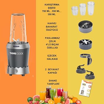 TIGRECOOK NUTRISHAKE 3 in 1 Personal Smoothie Blender with Stainless Steel Blade and Coffee Spice Grinder 1000W (gray)