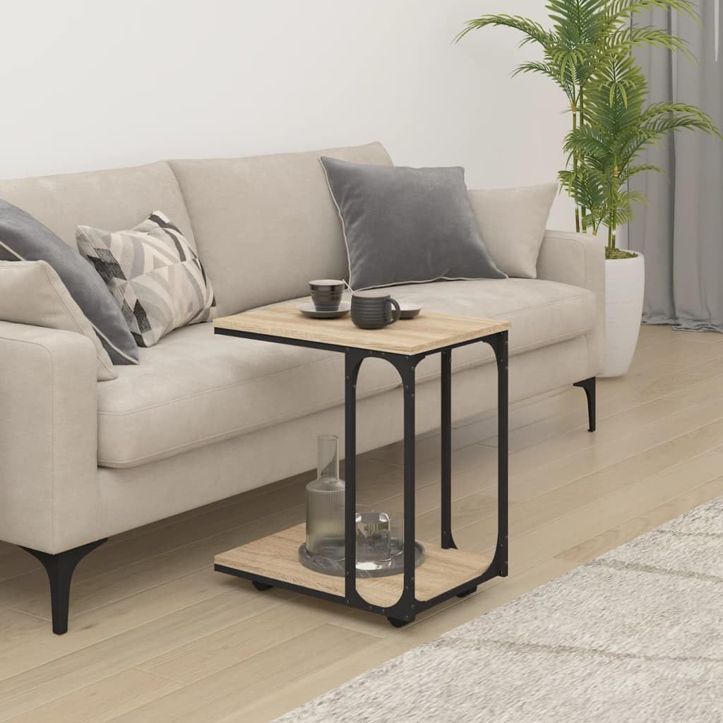 Mesa auxiliar con ruedas de roble Sonoma, 50 x 35 x 55,5 cm, mesa de centro en forma de C con estante y estante para salón, dormitorio, pasillo, balcón, sofá, cama, decoración, lámpara