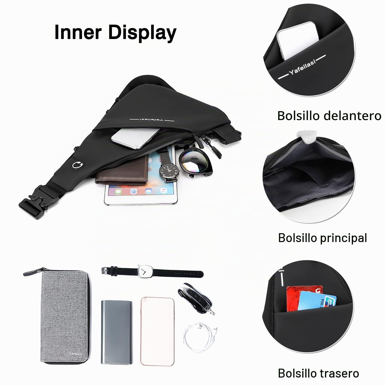 FANDARE Ultraligero Bolso Pecho Hombre Bolsos Cruzados Bolso de Pecho Hombre Bandoleras Cruzada Doble Cara Sling Crossbody Bag para Viaje Deportes Ciclismo Montañismo Impermeable Mochila Negro