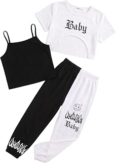 Arshiner Girls 3 Piece Set Short Sleeve High Low Hem Overlay Top & Cami with Sweatpants Kids Outfit 6-13 Years