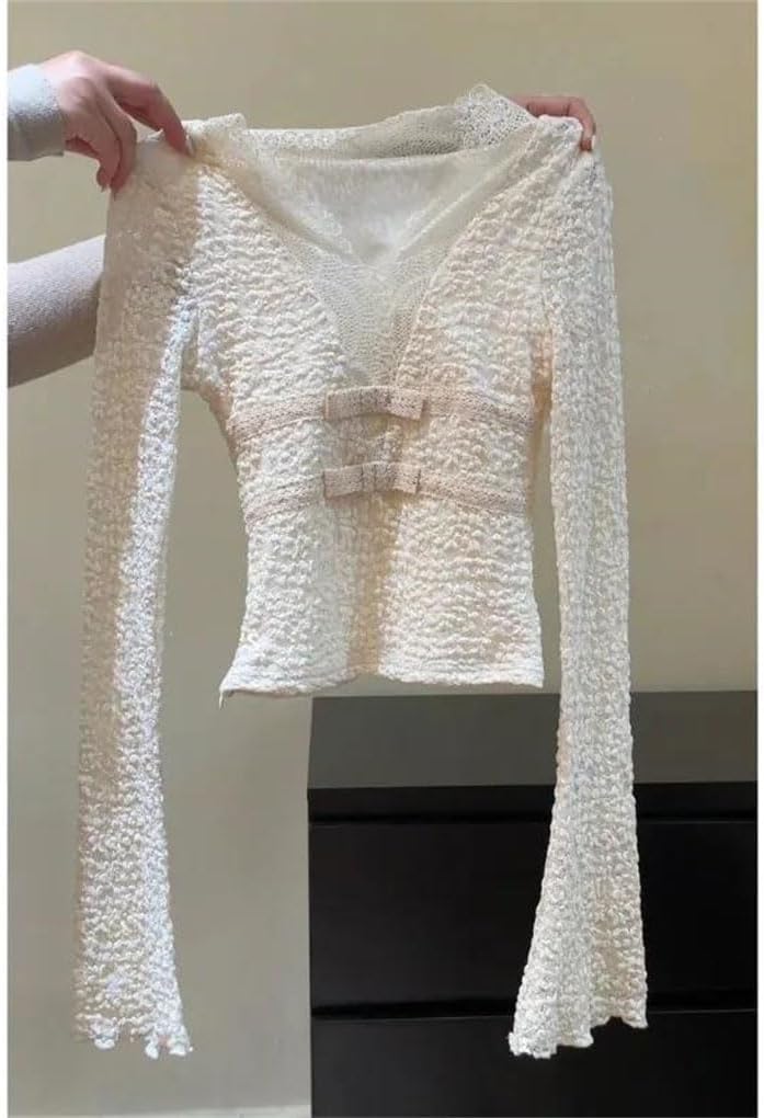 Women's Chic V-Neck Long-Sleeved Hollowing Out T Shirt for Women in Simple and Versatile Top