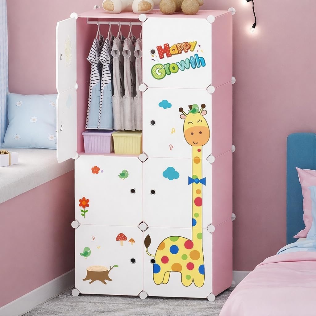 Sunderlook Plastic Wardrobe for Kids Clothes – Collapsible Wardrobe, Easy to Use Anti-Skid & Non-Slip Effective Professional Foldable Plastic Cupboard for Kids, Home (Pink-P5, 8 Door)