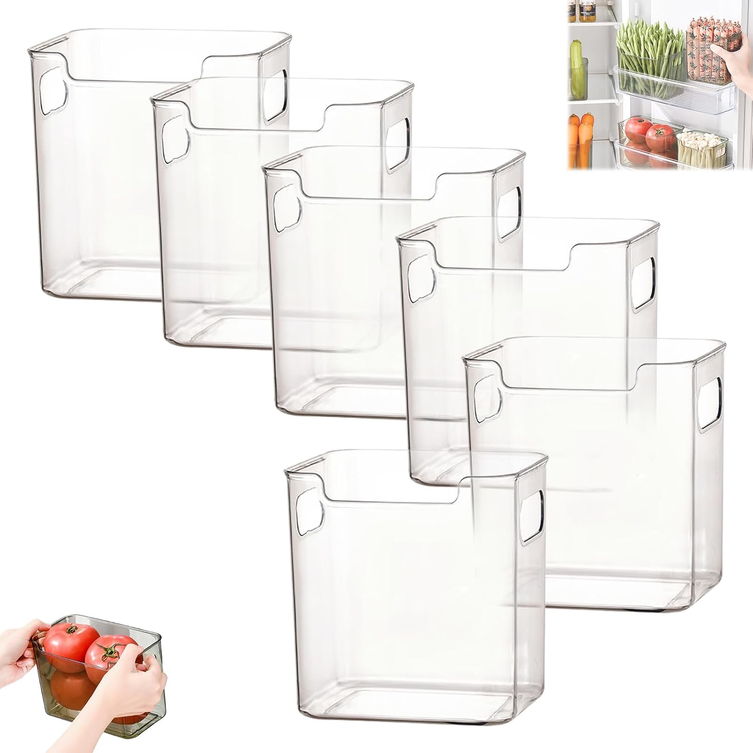 Crystal Clear Freezer Storage Bins - 2/4/6 Pack Clear Plastic Bins for Refrigerator and Pantry, Stackable Kitchen Cabinet Organizer with Handles for Frozen Food, Meat & Veggies (S*6)