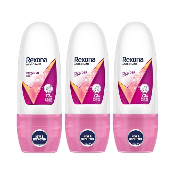 Rexona Powder Dry Underarm Roll-On Deodorant for Women | 72 Hours Long-Lasting Odour Protection | 0% Alcohol, Safe on Skin | 25ML (Pack of 3)