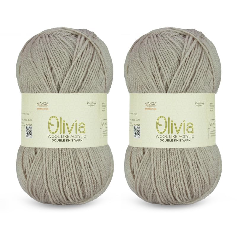 Image of Ganga Acrowools Acrylic Olivia, Double Knit Yarn. Hand Knitting and Crochet Yarn. Oekotex Class 1 Certified. Pack of 2 Balls - 100Gms Each.Shade No -OLV057 OLV057 Stone