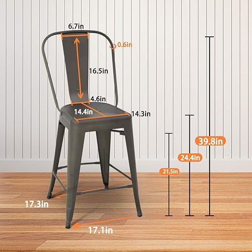 Miniatura 10 de FDW Juego de 4 taburetes de bar de metal de altura de mostrador con respaldo de 24 pulgadas de altura de asiento, sillas de bar industriales,