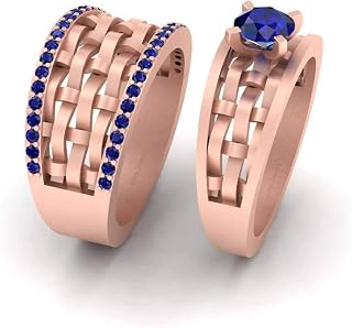 Blue Synthetic Sapphire Mesh His and Her Matching Engagement Ring Band Set Rose Gold Finish 925 Sterling Silver