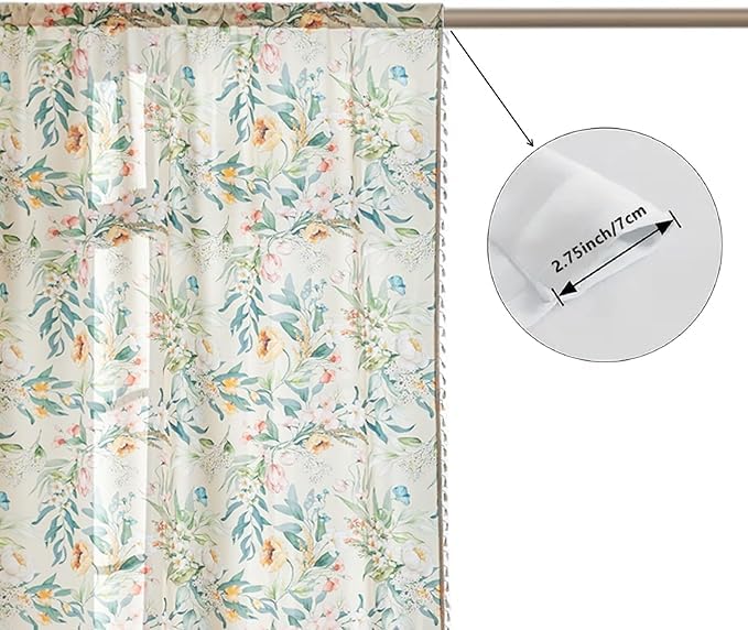 Image of Boho Floral Curtains French Country Farmhouse Curtains 54 Inches Long Light Filtering Window Rod Pocket Drapes for Living Room 2 Panels-Green Floral