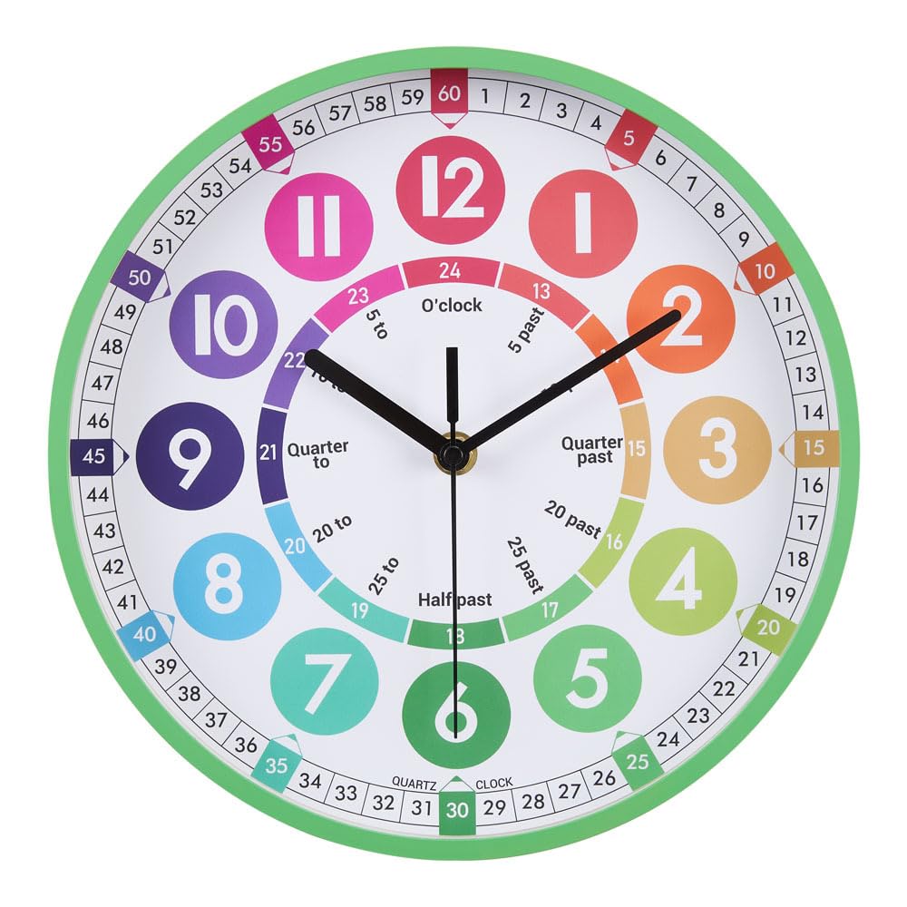 Warmiehomy Kids Learning Wall Clock - Colourful Small Silent Time Teaching Clock With Black Hands For Bedroom, Study Room, 25cm (Green Frame)