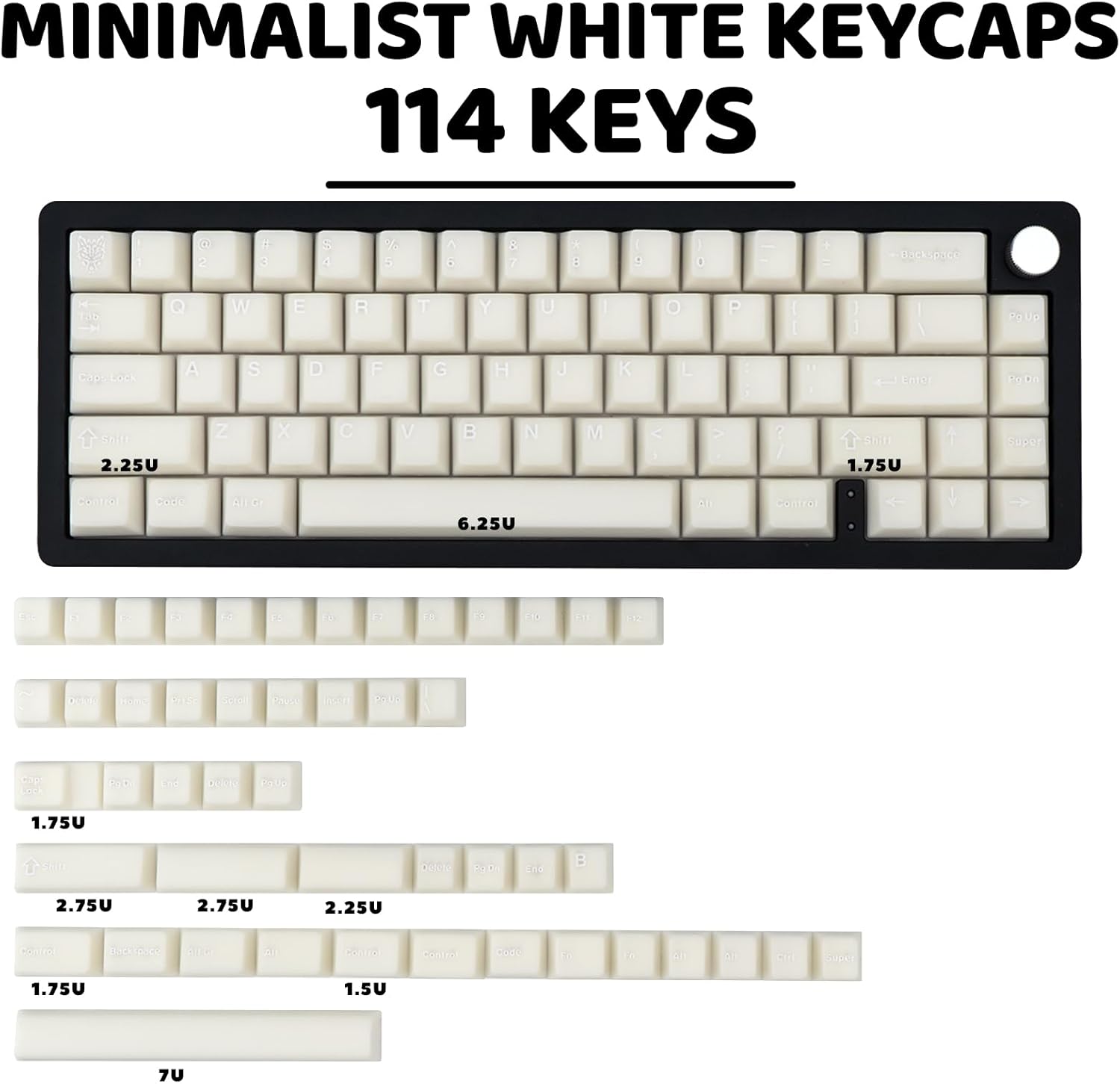 Milky White 114-Key PBT Keycaps - Minimalist Style, Double Shot Cherry Profile for ANSI Layout 61/87/104/108 Cherry MX Switches