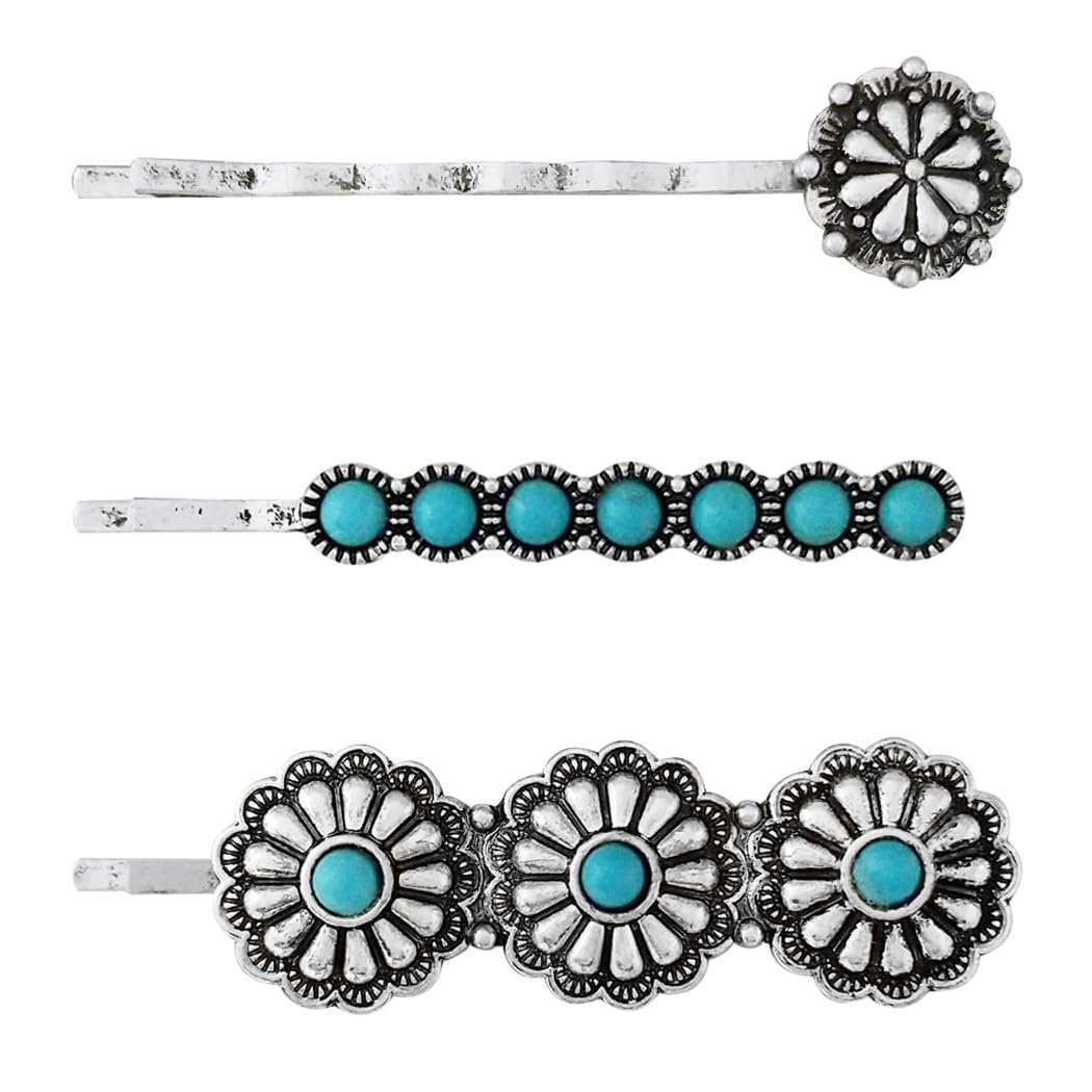 Rosemarie & Jubalee Women's Cowgirl Chic Western Style Conchos Turquoise Howlite Stone Set Of 3 Hair Clip Bobby Pin Barrettes (Turquoise Howlite With Conchos)