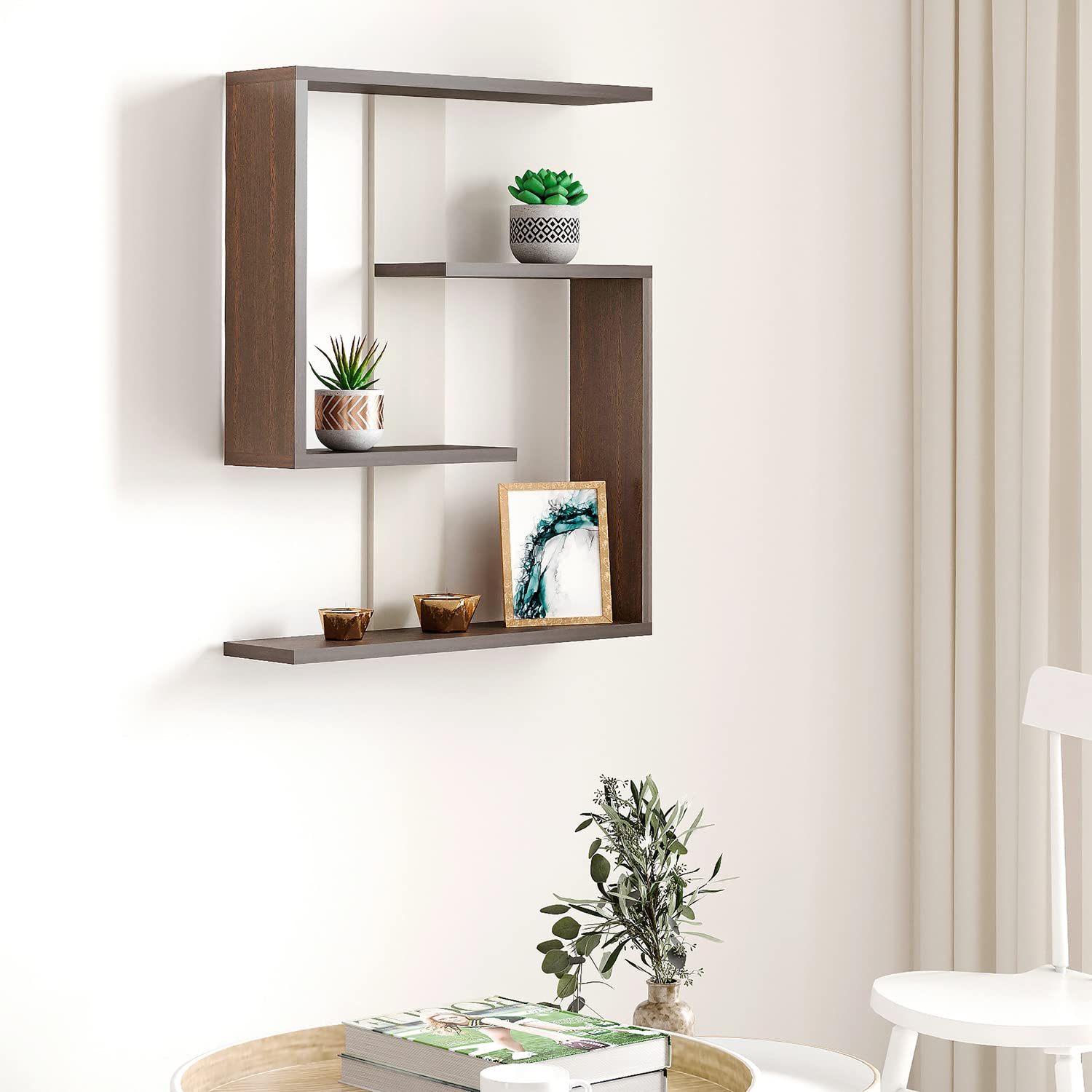 BLUEWUD Easton Engineered Wood Wall Decor Floating Shelf Display Rack Decorative Hall Décor for Living Room Home Furniture (Wenge & White)-image-3