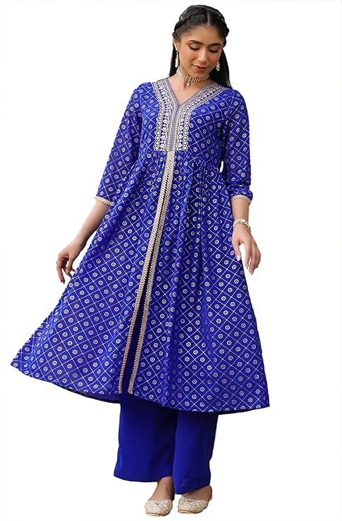 Kurta bleu roi avec palazzo Janasya, ensemble imprimé en georgette et coupe évasée A-line pour femme
