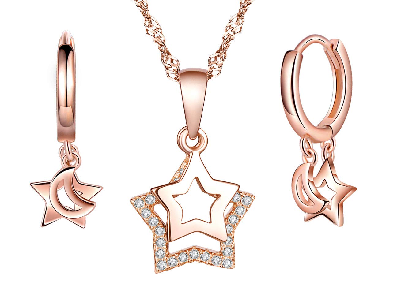 Yumilok Collar de Plata de Ley 925 para Mujer, Colgante de Estrella, aretes de Estrella, Juegos de Joyas de Estrella, Pendientes, Oro Rosa, Regalo de cumpleaños de Navidad