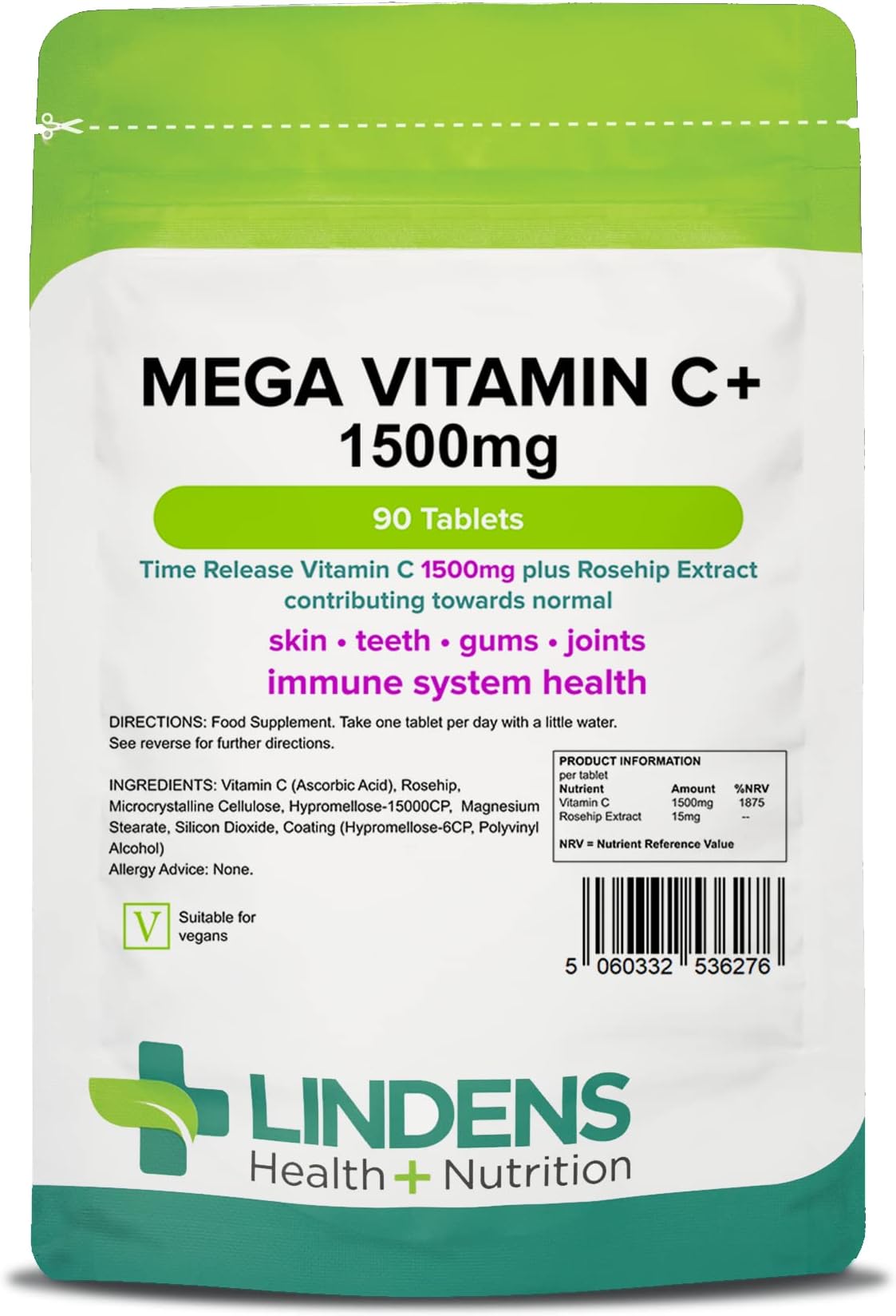 Lindens Vitamin C+ 1500mg (Time Release) - 90 Tablets - Immune System, Skin, Teeth, Gums & Joint | High-Strength (1875% NRV) | 3 Months Supply, Vegan - Letterbox Friendly