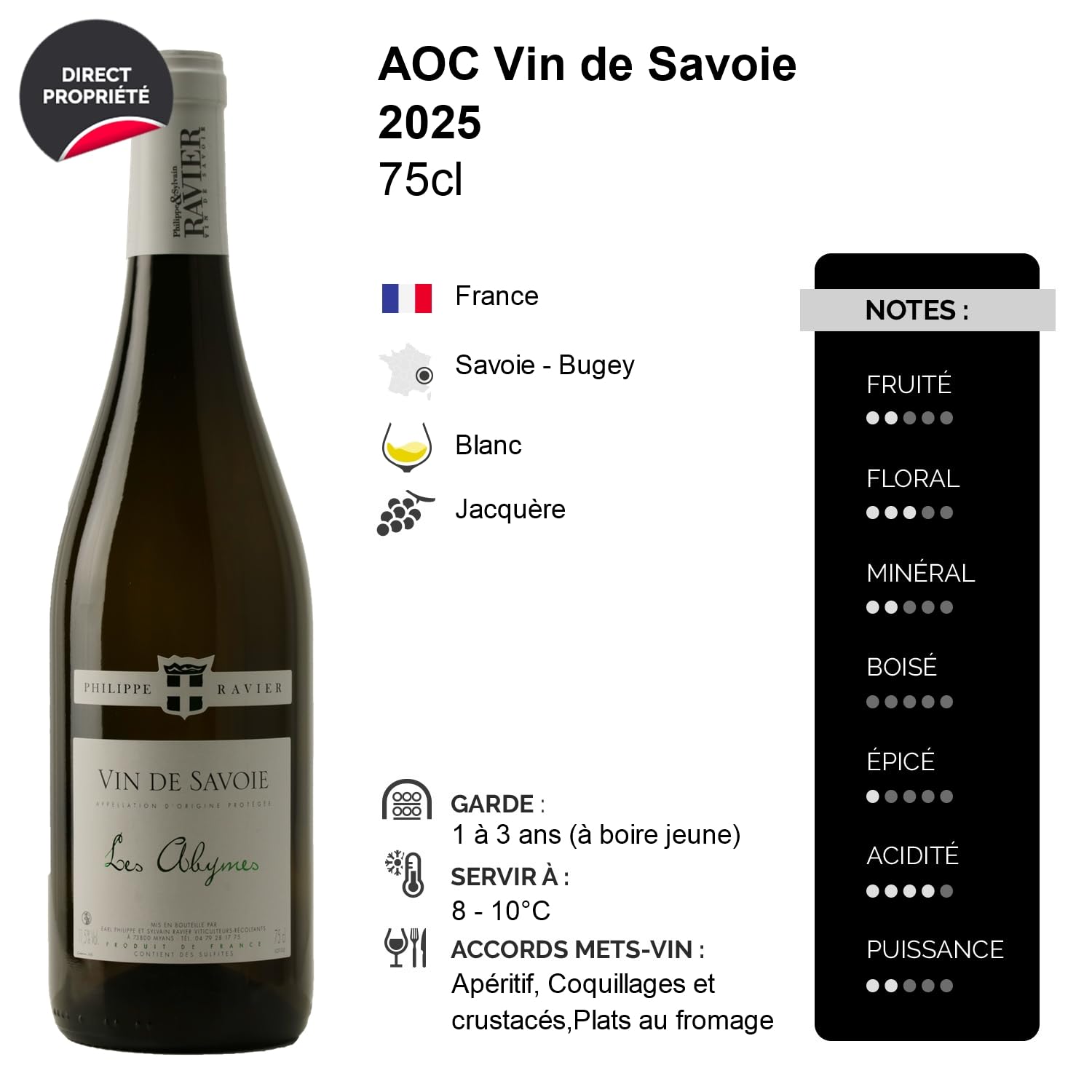Vin de Savoie Les Abymes - Blanc 2025 - Philippe et Sylvain Ravier - Vin Blanc de Savoie - Bugey (6x75cl)