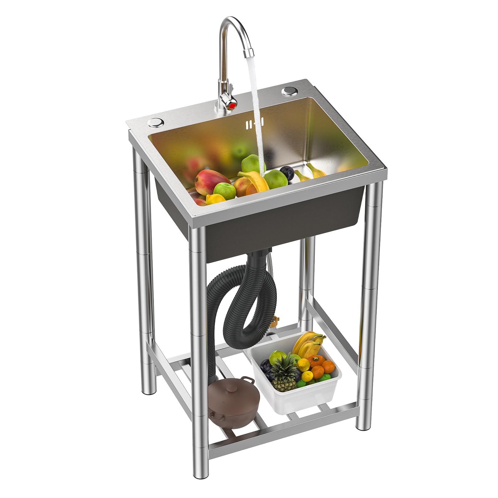 Stainless Steel Sink Single Bowl, Freestanding Kitchen Sink Unit with 360 Swivel Tap, Large Capacity Utility Sinks with Drain System, Commercial Washing Sinks for Kitchen Garden Laundry Room (1 Set)