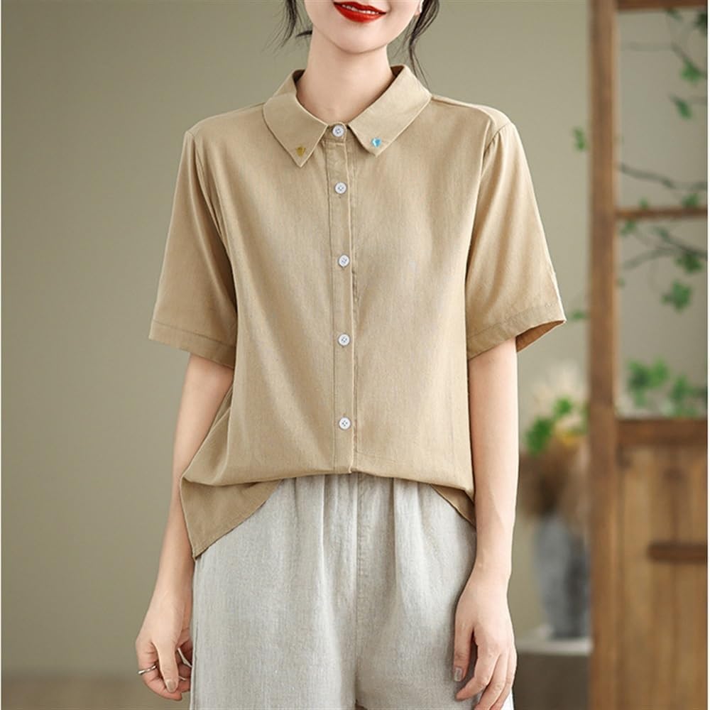 Women's Fashion Solid Button Down Shirts Lapel Short Sleeve Casual Cotton Linen Blouse Summer Cool Comfort Tops