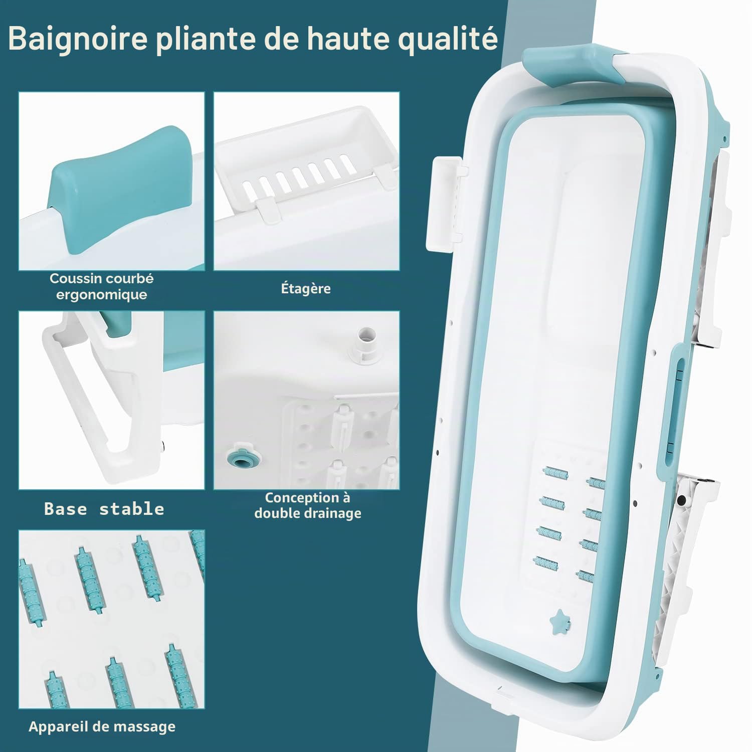 Baignoire pliable XXL pour adulte - 149 x 60 x 50 cm - Avec couvercle - Baignoire mobile pliable avec panier pour salle de bain, douche et balcon