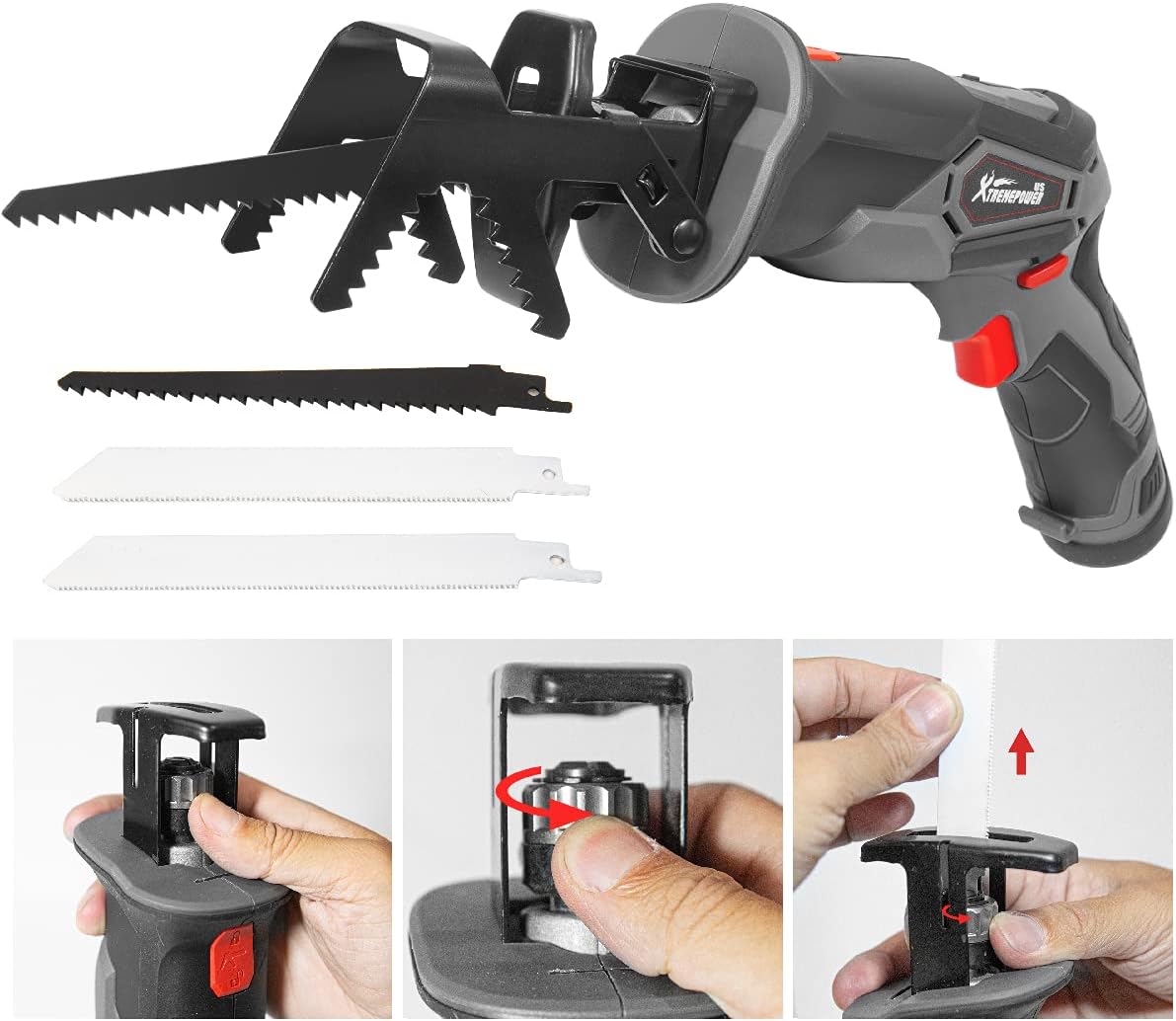 XtremepowerUS 12V Cordless Reciprocating Saw with Clamping Jaw, 2.0Ah Li-Ion Battery, Variable Speed and Tool-Free Blade Change, 3 Saw Blades for Wood & Metal Cutting