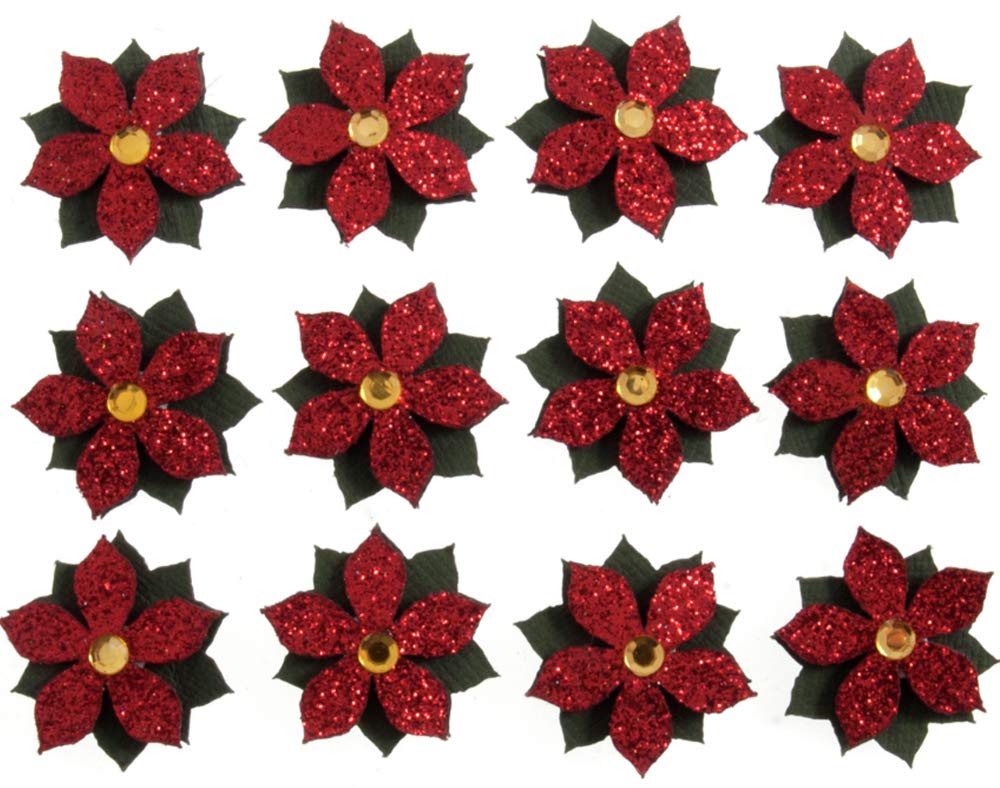 12 Glitter 3cm Christmas Poinsettia Self Adhesive Paper Stickers for Papercrafts
