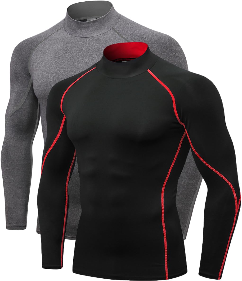 2/3 Pack Men's Compression Shirts Long Sleeve Workout Shirts Mock Turtleneck Athletic Base Layer Active Undershirts Tops