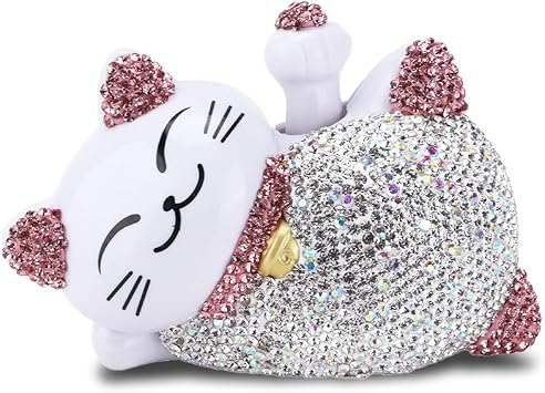 Pink Waving Lucky Cat Car Ornament - Maneki Neko Solar Powered Waving Arm | Dashboard Decoration Bling Rhinestone Fortune Cat Figurine Gift for Women Feng Shui Good Luck Decor