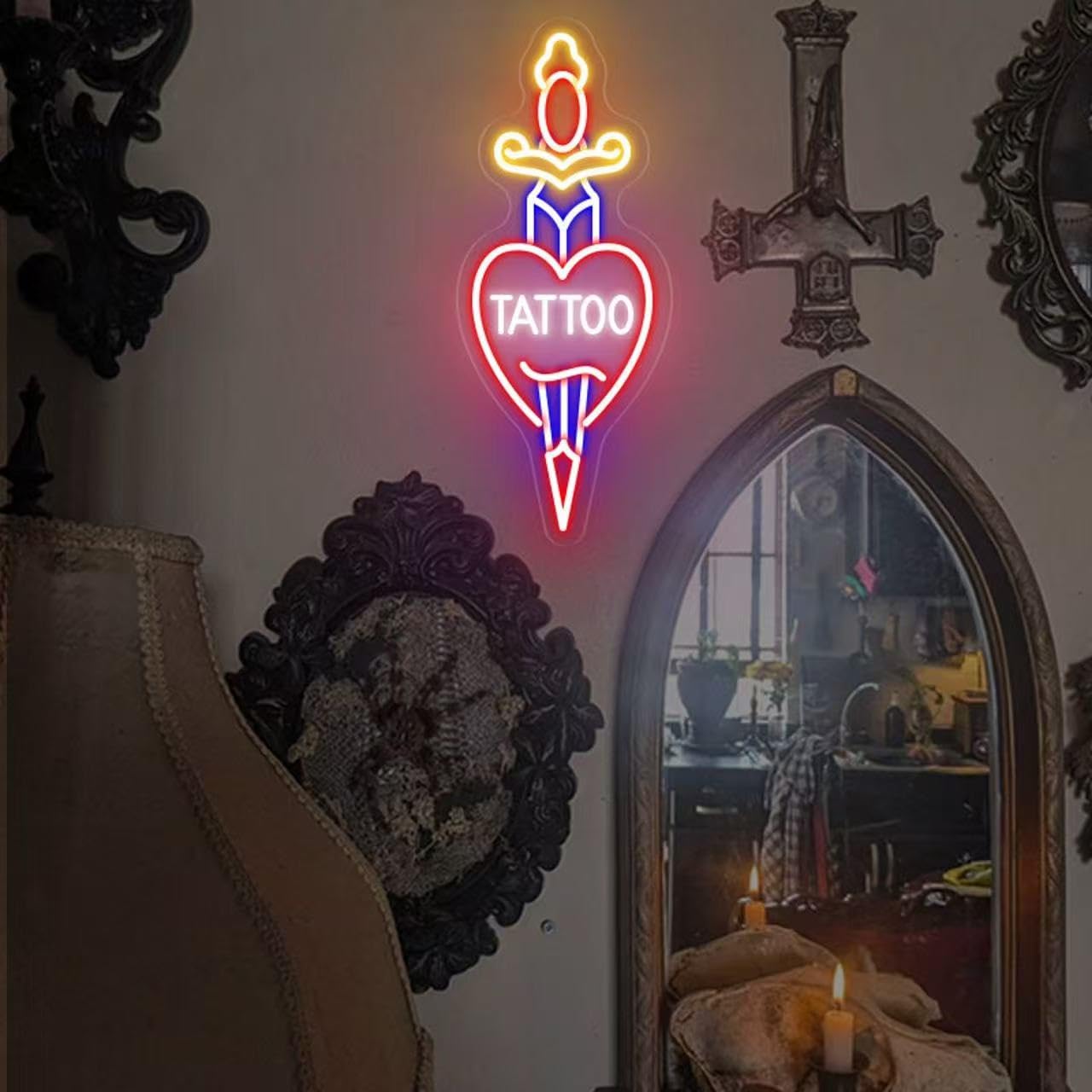 Tattoo - Insegna al neon dimmerabile, per tatuaggi, luci aperte, per salone di bellezza, decorazione da parete per salone di bellezza, per salone di bellezza, per salone, studio, azienda