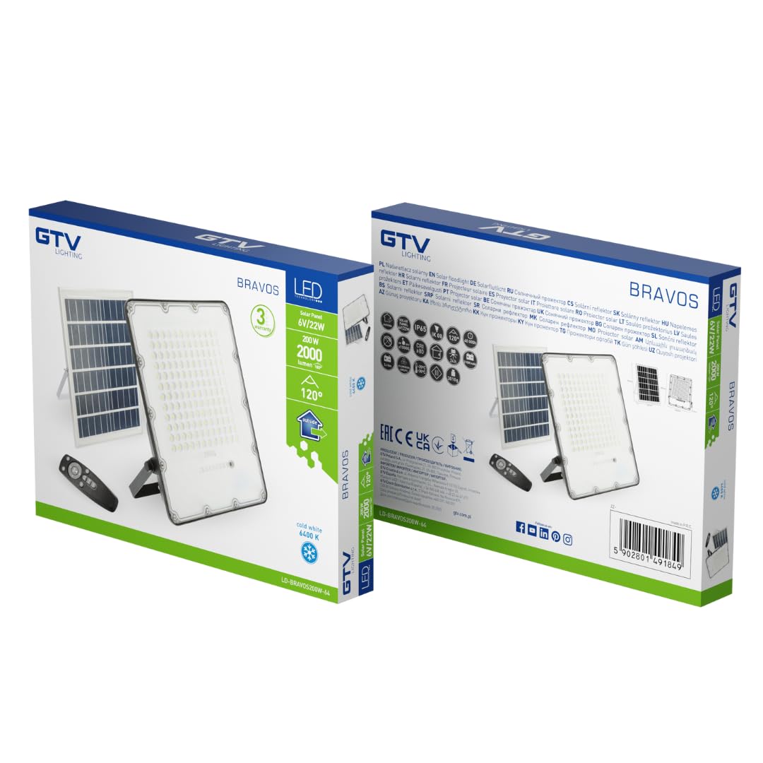 GTV - Solar-LED-Strahler BRAVOS | Solarlampen für Außen | Solar Strahler IP65 Wasserdichte |200W, 2000lm, 6400K, IP65, 120°, Solarpanel, Fernbedienung, Schwarz