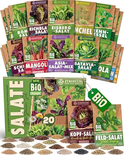 ZenGreens® - Bio Salatgemüsesamen im 20er Set - 20 Salat Gemüse Samen für den einfachen Anbau im Garten, Balkon oder Hochbeet - Pflanzensamen - Saatgut