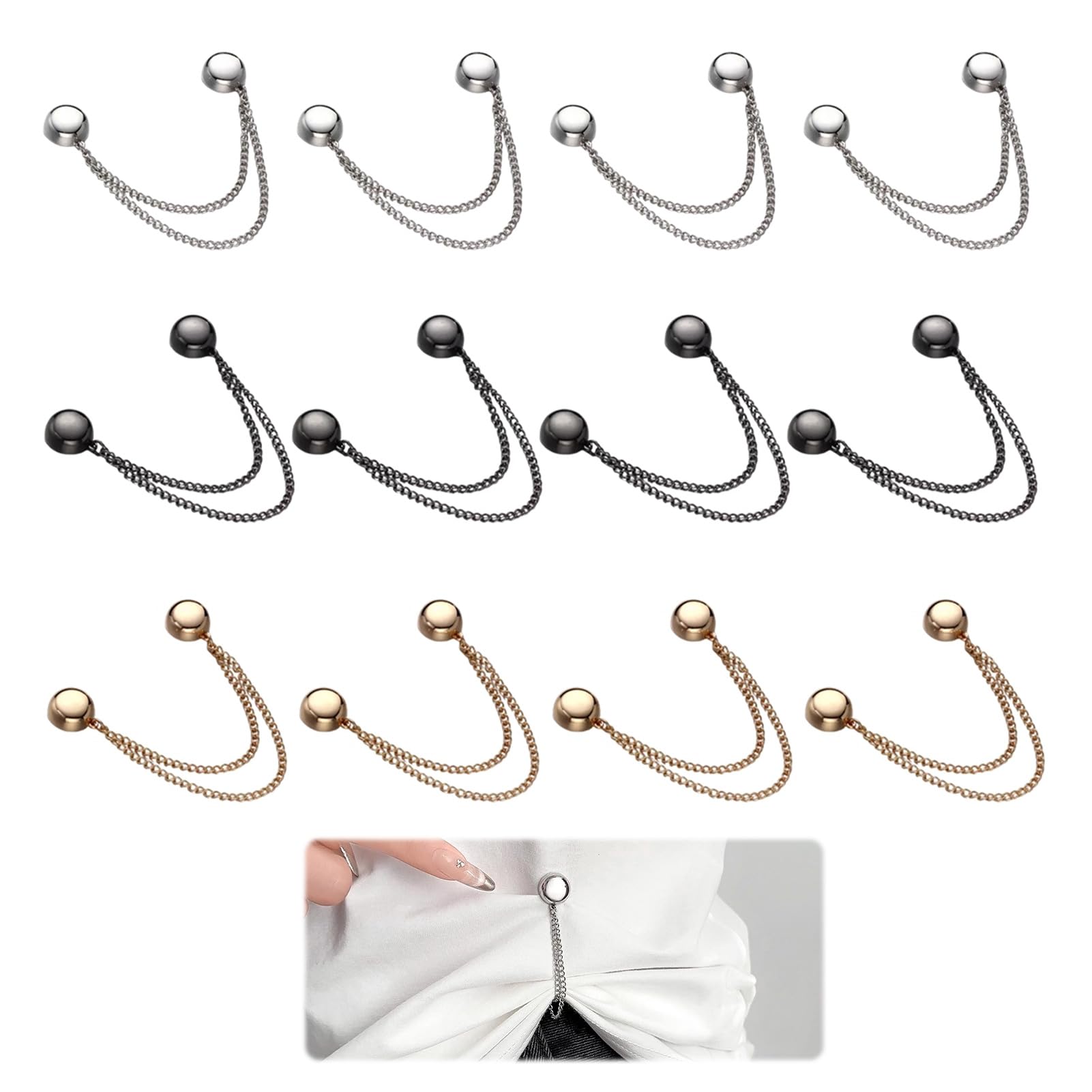 12 clips magnéticos para ropa con cadena, clips magnéticos de metal para ropa para mujer en plomizo, oro y plata, pines multiusos para ajustar el dobladillo, mangas, pantalones e hiyabs