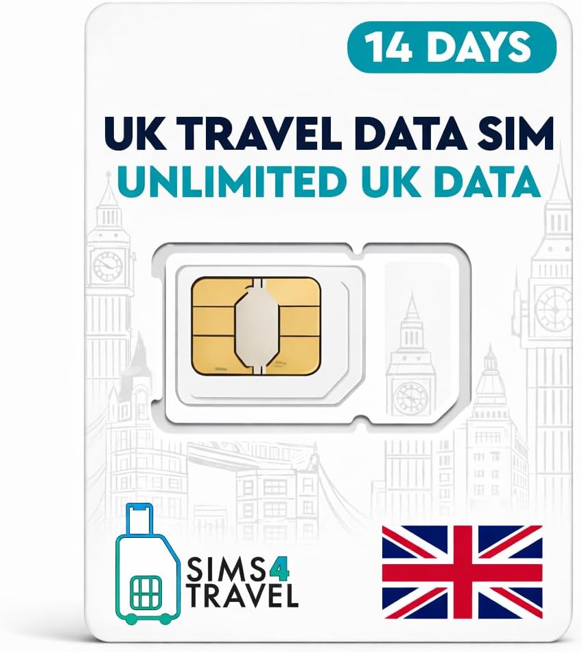 UK Travel Data SIM Card – Unlimited UK Data – O2 UK Network – Prepaid Physical SIM for USA Travellers – Works with Unlocked Devices (14 Days)