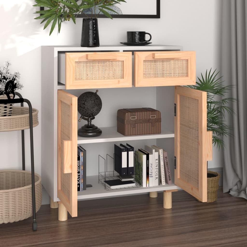 Buffet Blanc 60x30x75 cm, Meuble de Rangement avec 2 Tiroirs et Porte en Rotin Naturel, Enfilade en Bois de Pin Massif pour Salon et Entrée, Design Scandinave et Bohème