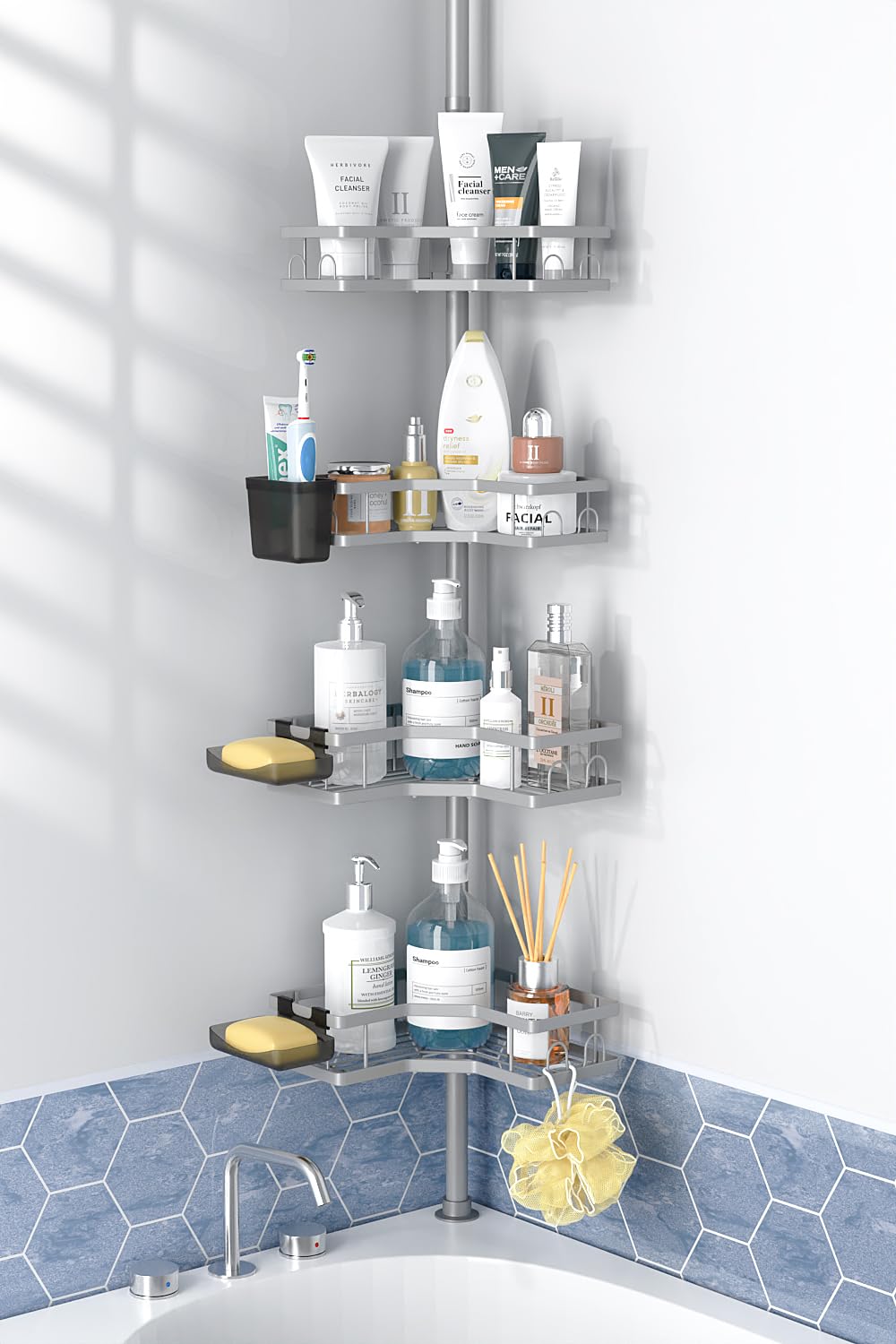 Bgfuni Zelfklevende douche Caddy, badkamer plank, organizer mand, wandgemonteerde kruiden opslag rek, geen boren douche plank douche netjes make-up shampoo houder met sporloze doorzichtige lijm (wit