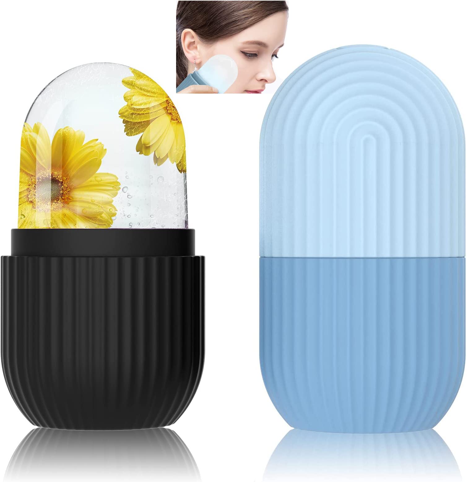 2 Pack Ice Face Roller Set, Silicone Ice Facial Rollers, Cube Face Contour for Eyes Neck, Beauty Facial Massage Roller Remove Dark Circle Pore Shrink Face Roller Skin Care Tools (Black+Blue)