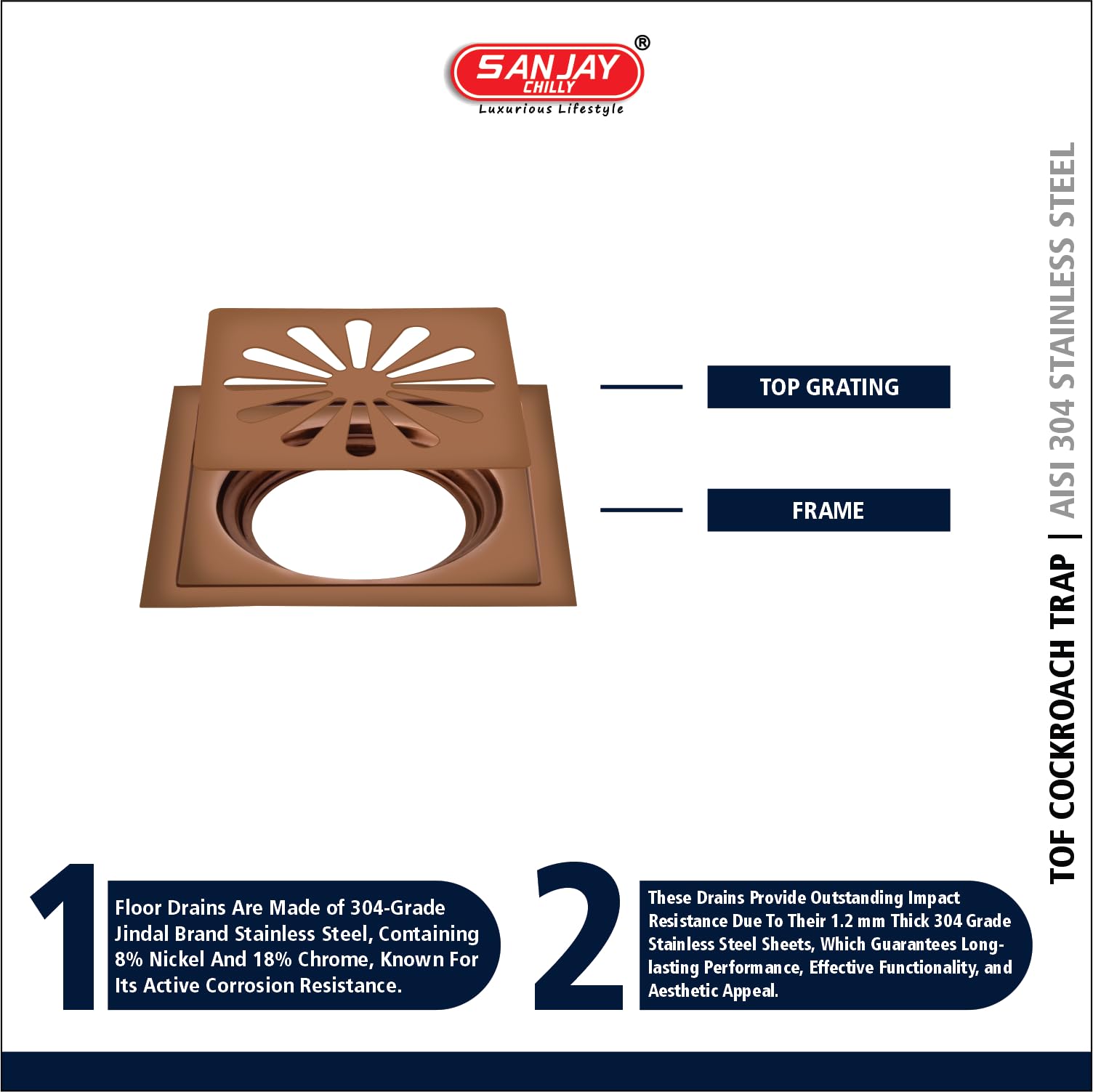 Sanjay Chilly Square Ezee SS Floor Drain for Bathroom Colour Collection | 304 Grade Anti Cockroach | Waste Water Drainer Shower Channel Sink Bathtub & Toilet (TOF Rose Gold 6x6 Inch) 2