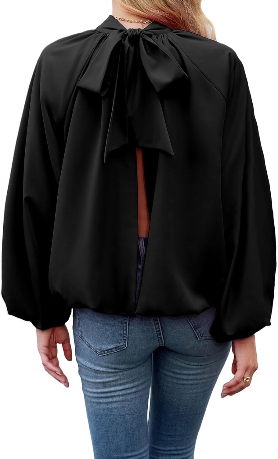 Womens Mock Neck Pleated Blouse Open Back Bow Tie Long Puff Sleeve Loose Fit Casual Shirt Cute Tops Fall - Image 2