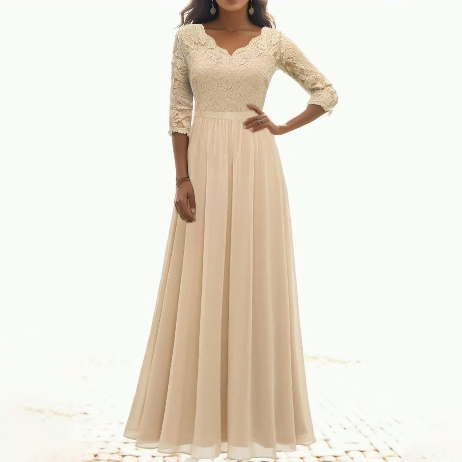 Elegante Vestido de Gasa de Encaje para Mujer, Vestido Largo Liso de Manga 3/4, Hueco, de Fiesta Grande, Corte A, Vestidos Formales para Bata de Invitados de Boda-Beige-L